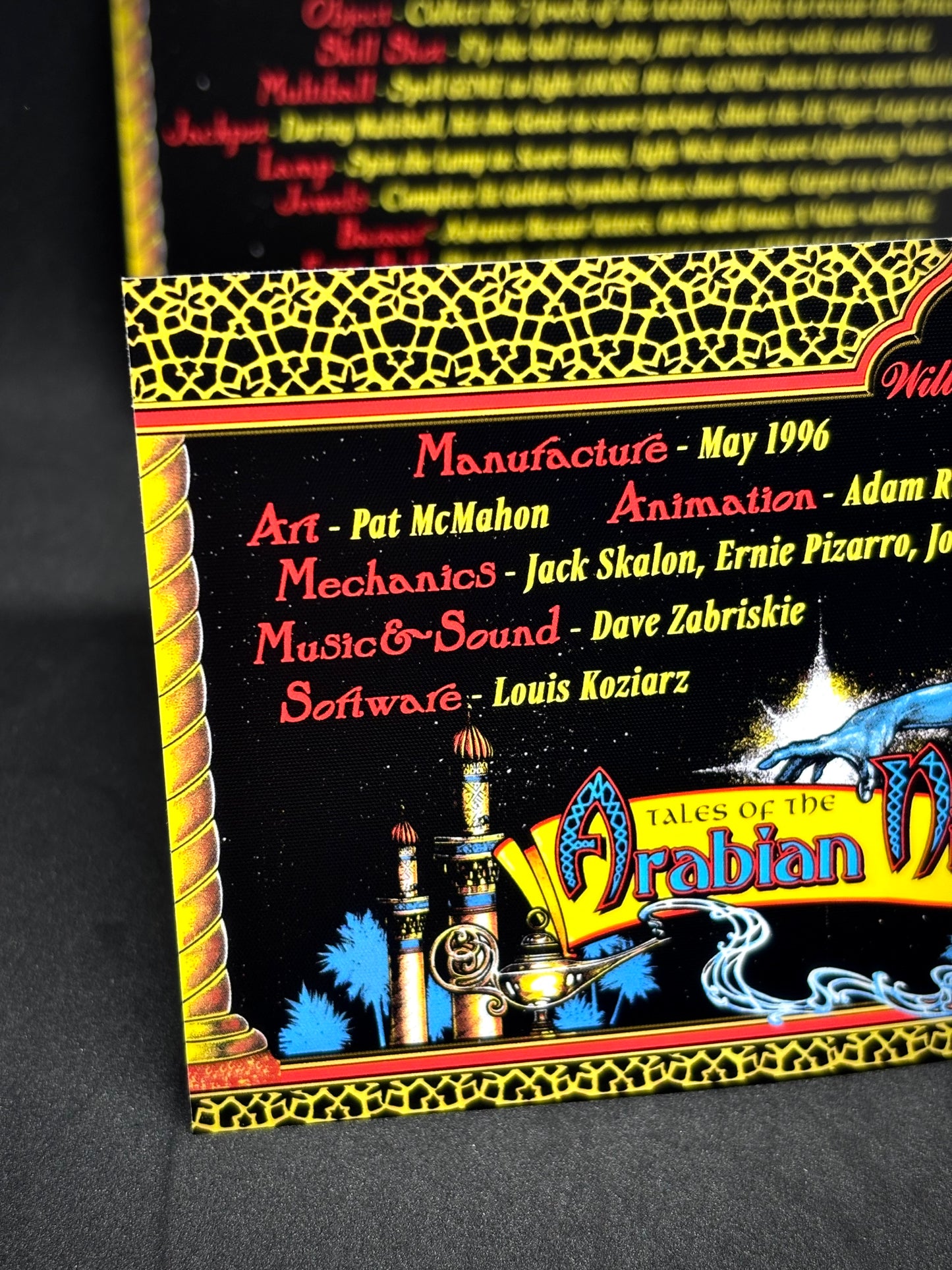 Instrucciones de las tarjetas del juego Williams Tales Of The Arabian Nights 1996, reglas impresas del delantal personalizado de pinball