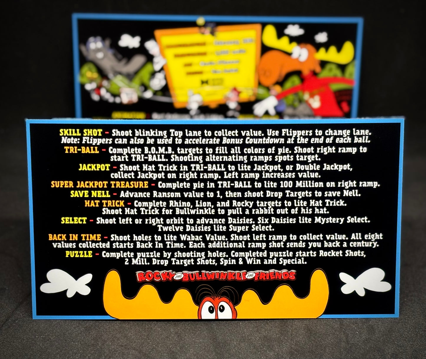 Data East THE ADVENTURES OF ROCKY AND BULLWINKLE AND FRIENDS 1993 Jeu Cartes Instructions Flipper Custom Apron règles imprimées