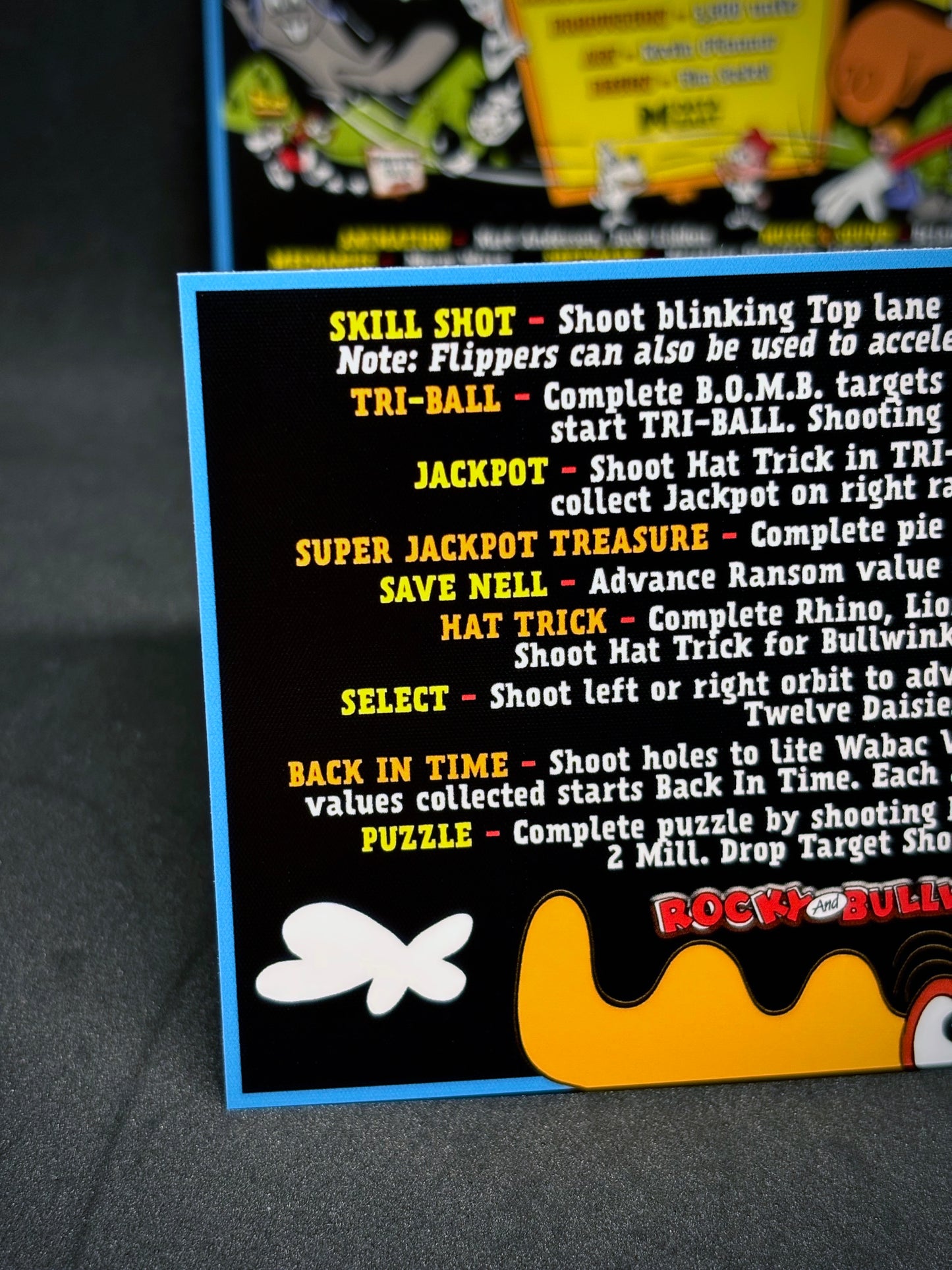 Data East THE ADVENTURES OF ROCKY AND BULLWINKLE AND FRIENDS 1993 Jeu Cartes Instructions Flipper Custom Apron règles imprimées