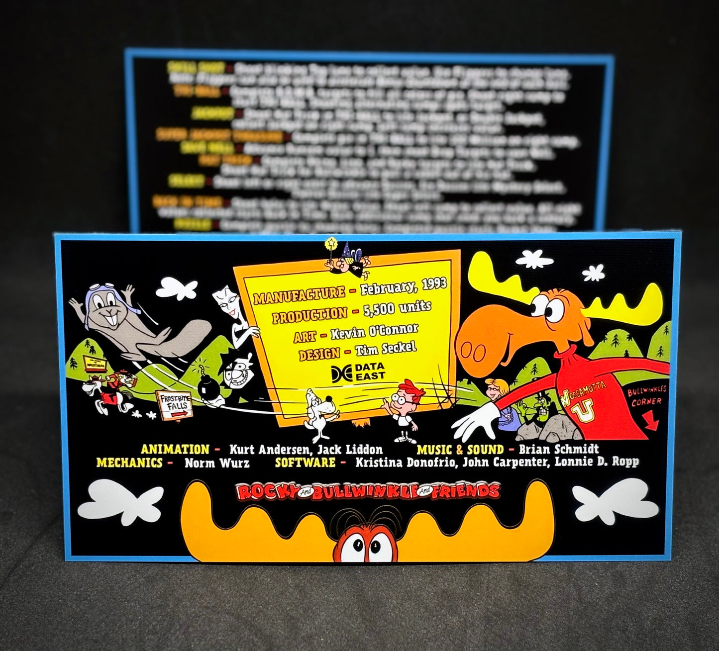 Data East THE ADVENTURES OF ROCKY AND BULLWINKLE AND FRIENDS 1993 Jeu Cartes Instructions Flipper Custom Apron règles imprimées