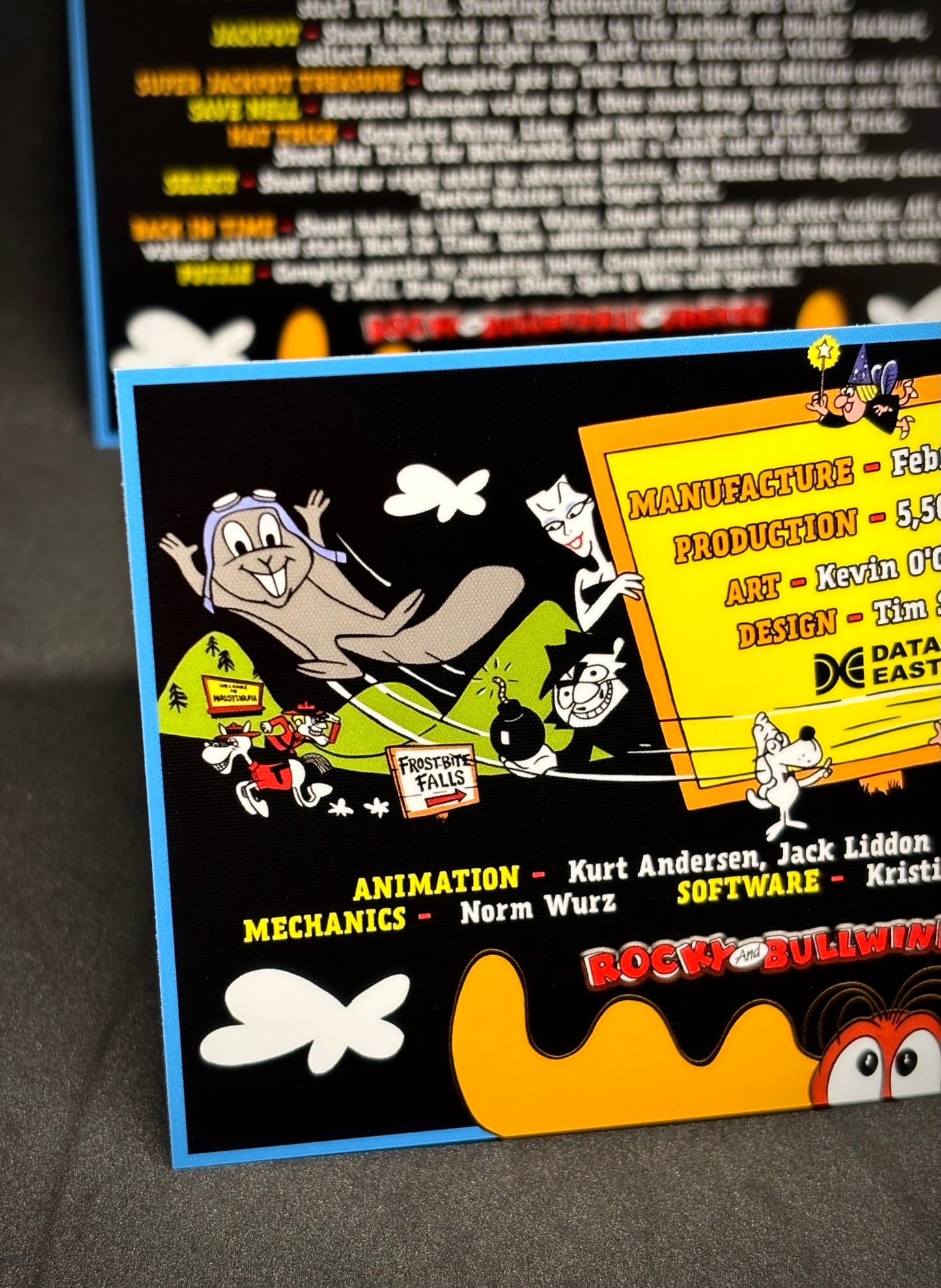Data East THE ADVENTURES OF ROCKY AND BULLWINKLE AND FRIENDS 1993 Jeu Cartes Instructions Flipper Custom Apron règles imprimées