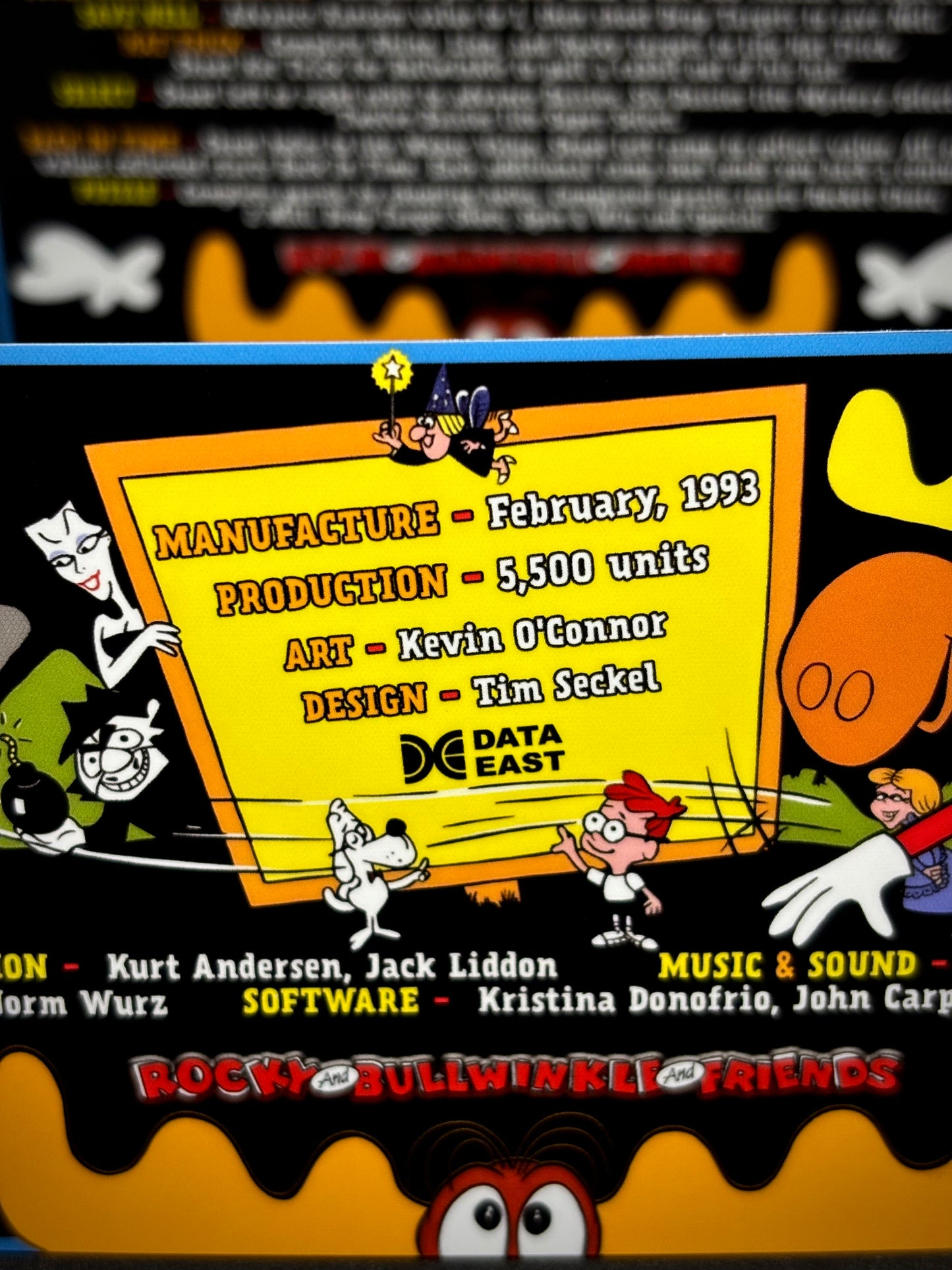 Data East THE ADVENTURES OF ROCKY AND BULLWINKLE AND FRIENDS 1993 Jeu Cartes Instructions Flipper Custom Apron règles imprimées