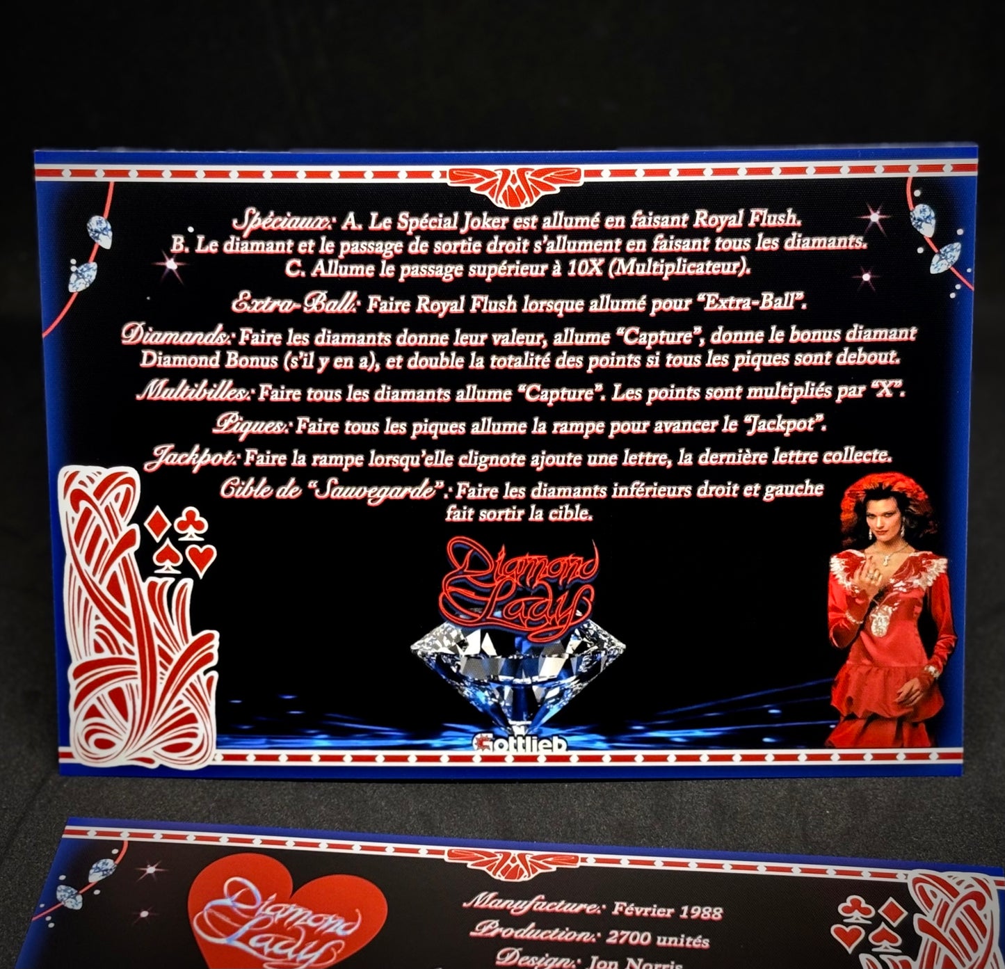 Gottlieb DIAMOND LADY 1988 Jeu Cartes Instructions Flipper Custom Apron règles imprimées