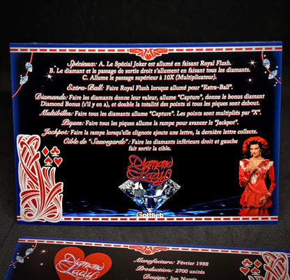 Instrucciones de las tarjetas del juego Gottlieb DIAMOND LADY 1988, reglas impresas del delantal personalizado de Pinball
