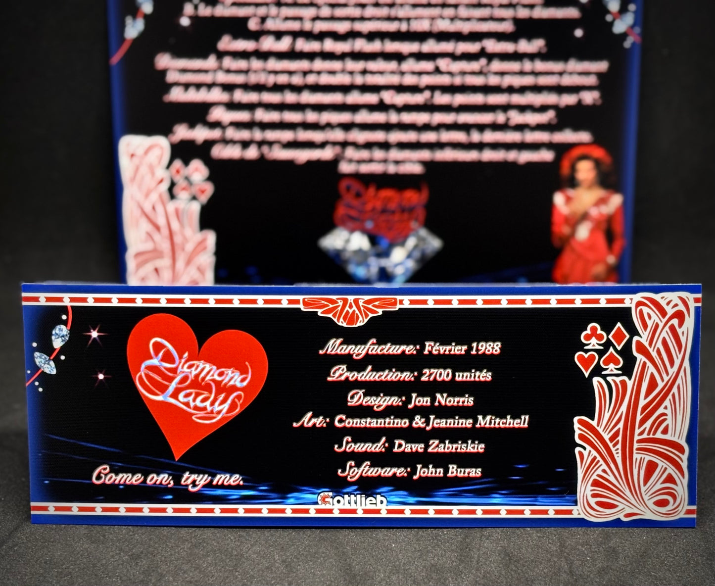 Gottlieb DIAMOND LADY 1988 Jeu Cartes Instructions Flipper Custom Apron règles imprimées