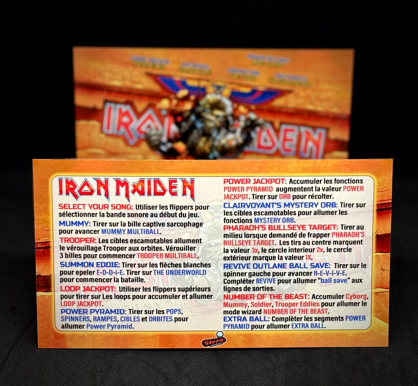 Instrucciones de las tarjetas de juego premium de Stern Iron Maiden 2018, reglas impresas del delantal personalizado de Pinball