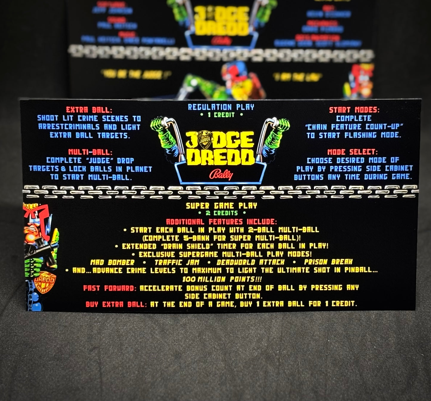 Instrucciones de las tarjetas del juego Bally JUDGE DREDD 1993, delantal personalizado de pinball, reglas impresas V1