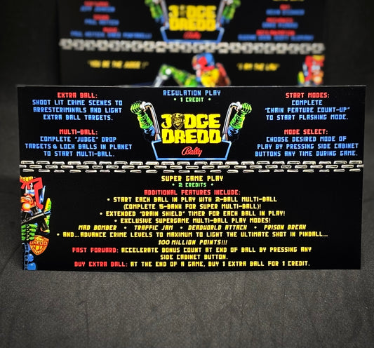 Instrucciones de las tarjetas del juego Bally JUDGE DREDD 1993, delantal personalizado de pinball, reglas impresas V1