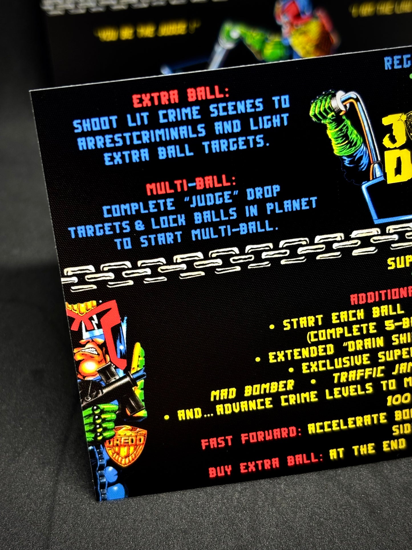 Instrucciones de las tarjetas del juego Bally JUDGE DREDD 1993, delantal personalizado de pinball, reglas impresas V1