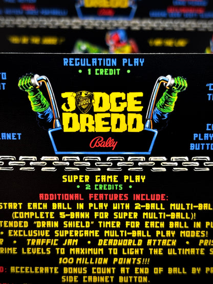 Bally JUDGE DREDD 1993 Game Cards Instructions Pinball Custom Apron Printed Rules V1