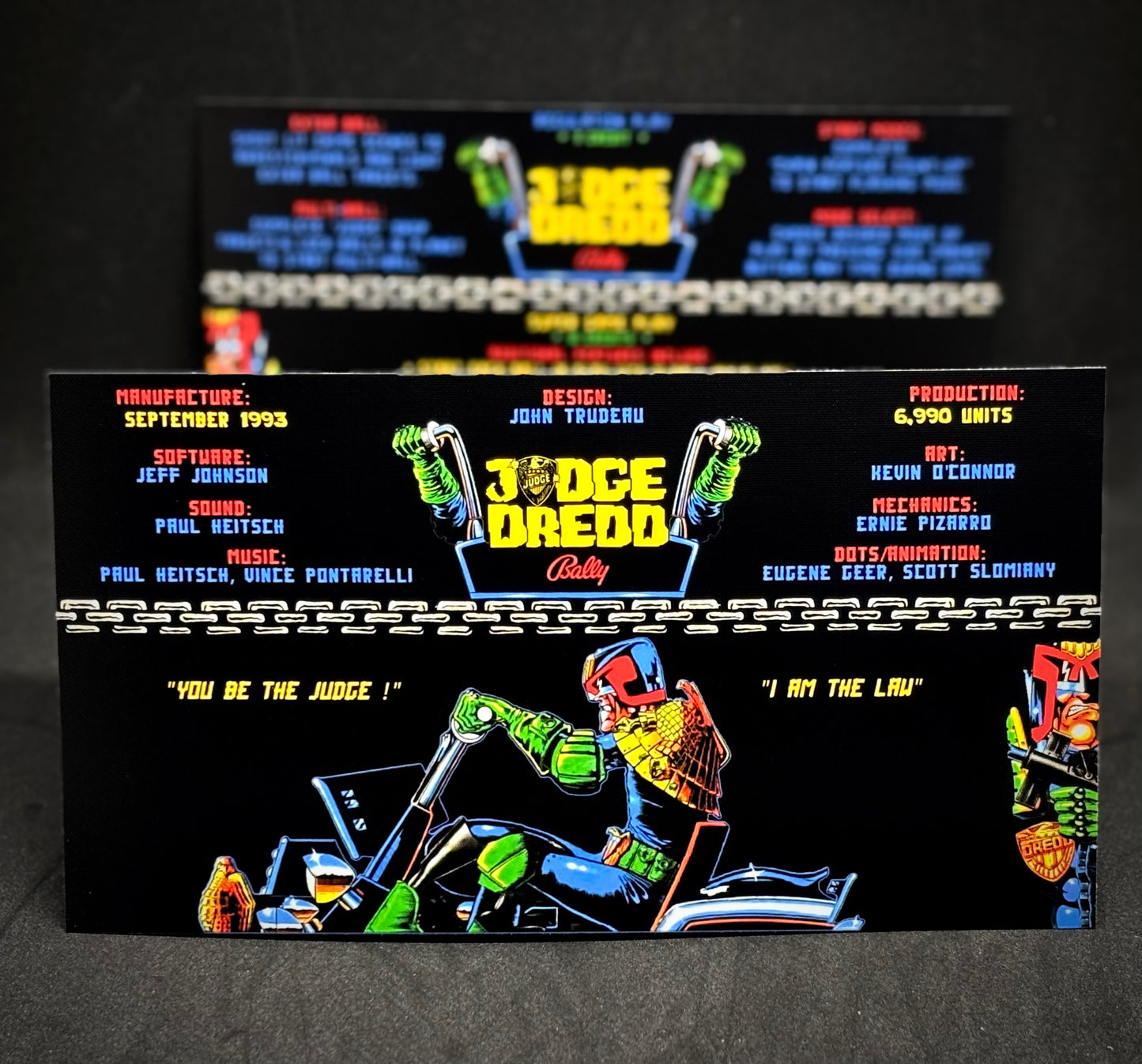 Instrucciones de las tarjetas del juego Bally JUDGE DREDD 1993, delantal personalizado de pinball, reglas impresas V1