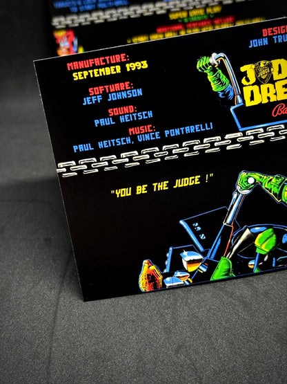 Bally JUDGE DREDD 1993 Game Cards Instructions Pinball Custom Apron Printed Rules V1