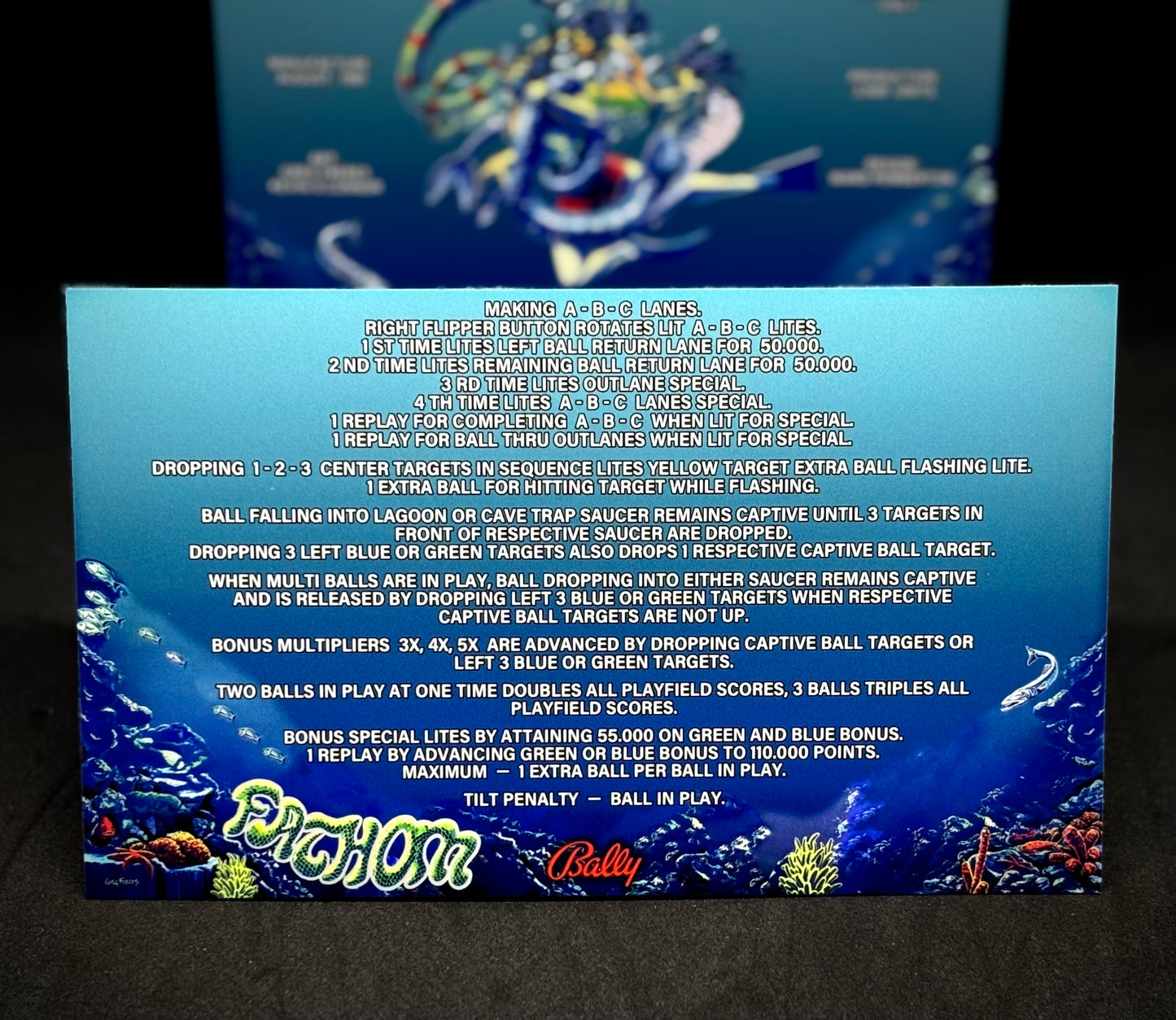 Instrucciones de las tarjetas de juego Bally FATHOM 1981 Delantal personalizado de pinball con reglas impresas