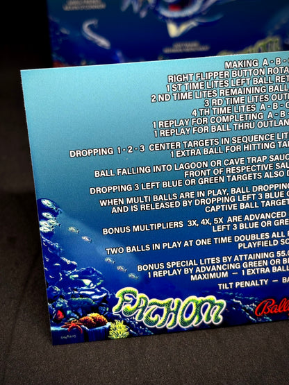 Instrucciones de las tarjetas de juego Bally FATHOM 1981 Delantal personalizado de pinball con reglas impresas