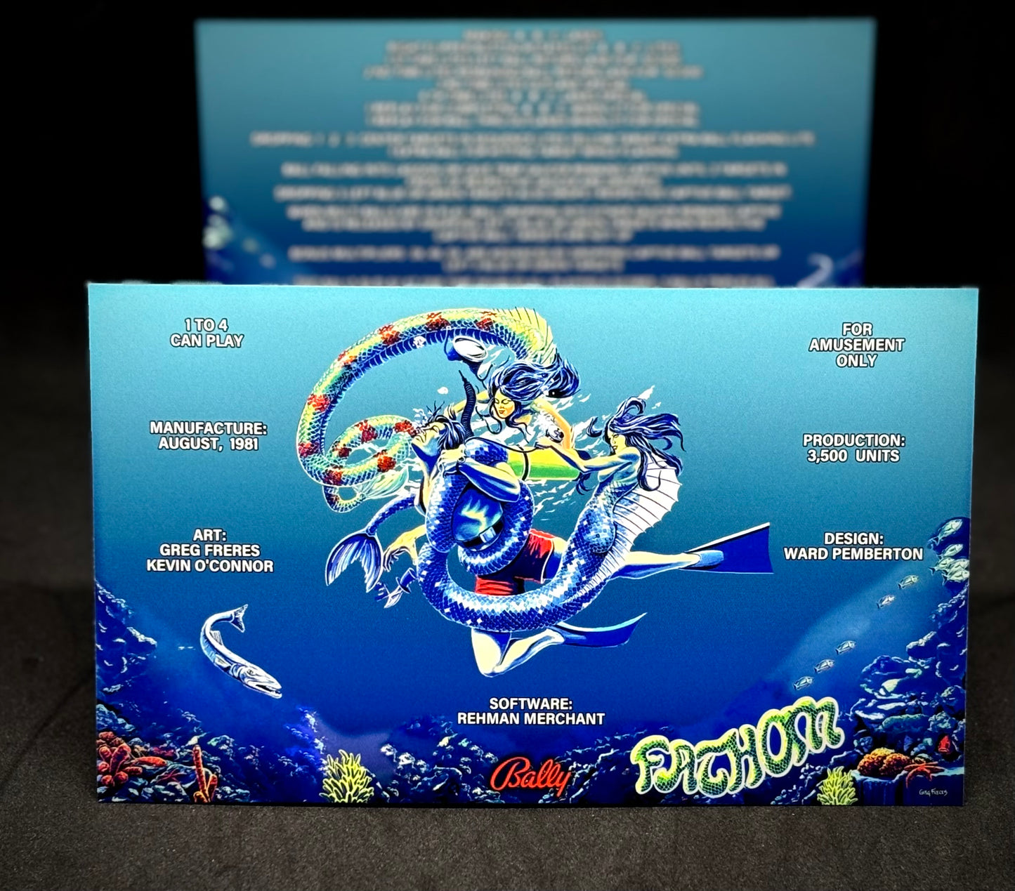 Instrucciones de las tarjetas de juego Bally FATHOM 1981 Delantal personalizado de pinball con reglas impresas