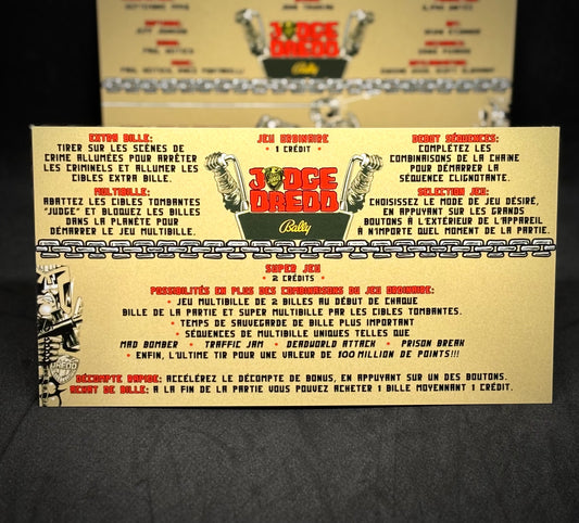 Instrucciones de las tarjetas de juego Bally JUDGE DREDD 1993, delantal personalizado de pinball, reglas impresas V2