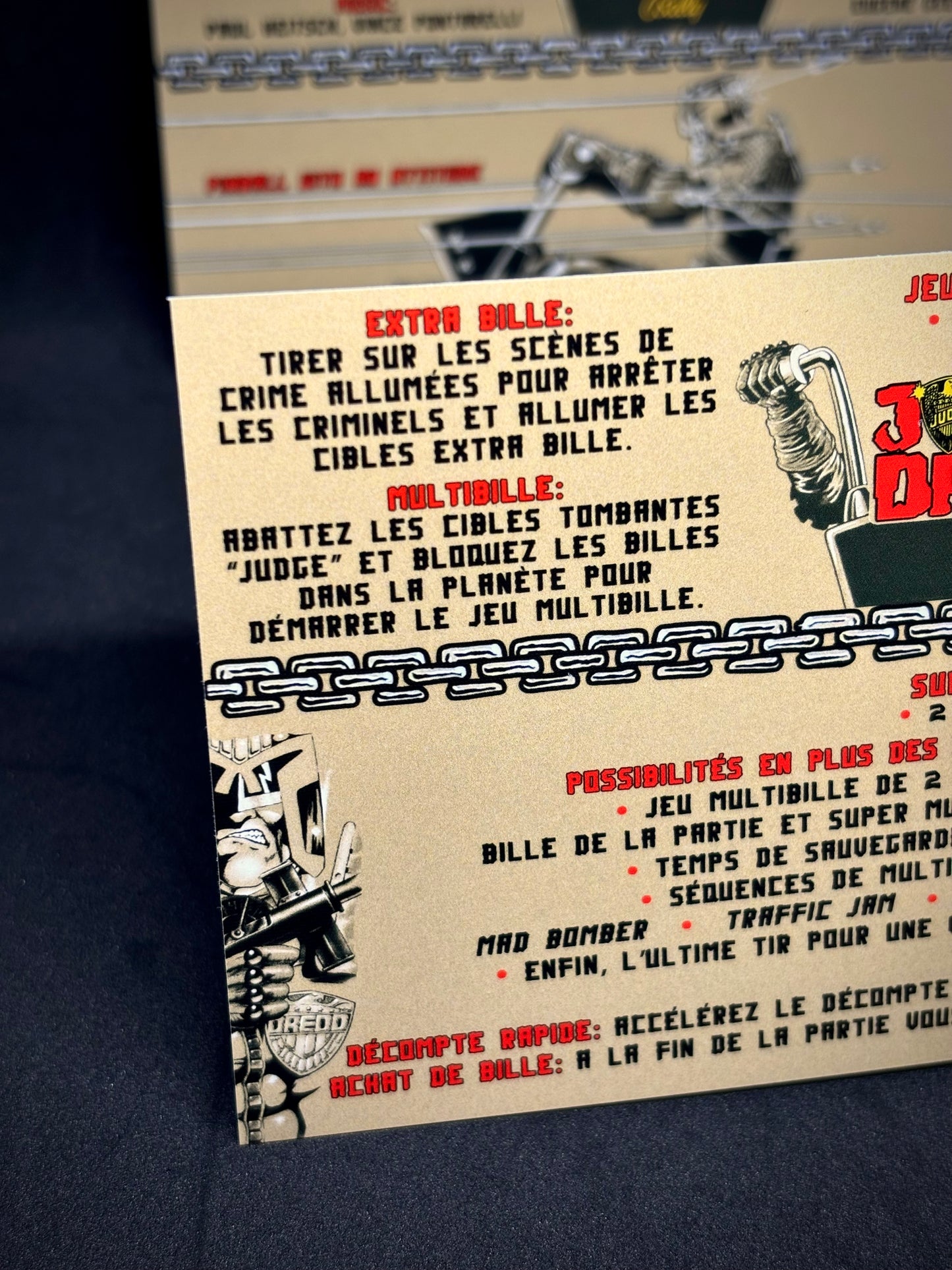 Instrucciones de las tarjetas de juego Bally JUDGE DREDD 1993, delantal personalizado de pinball, reglas impresas V2