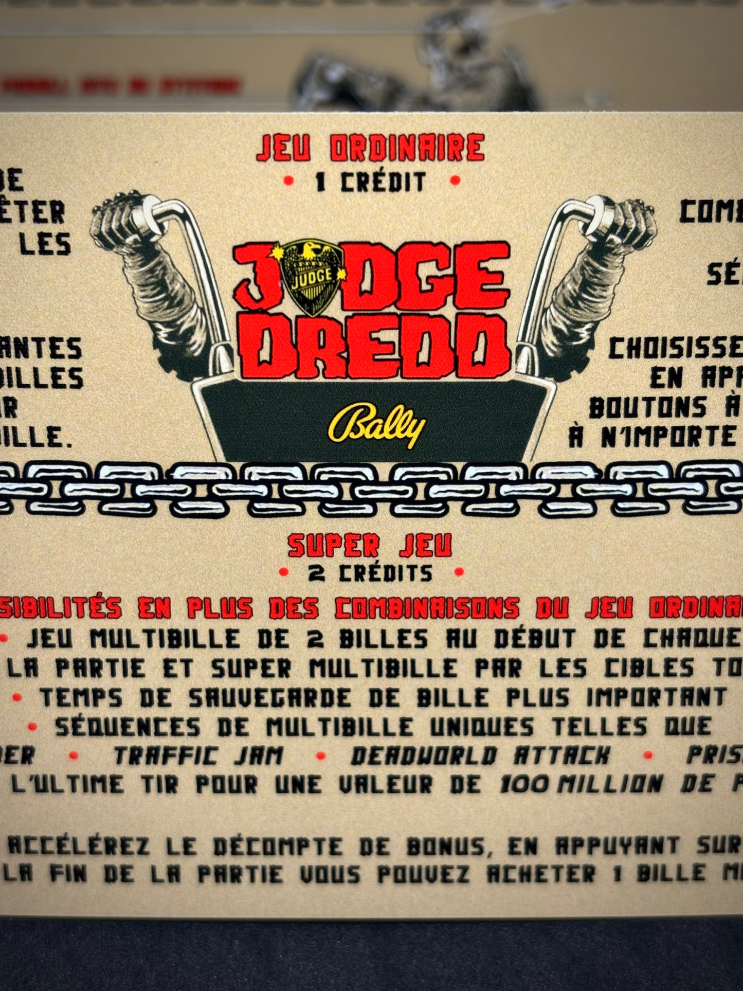 Instrucciones de las tarjetas de juego Bally JUDGE DREDD 1993, delantal personalizado de pinball, reglas impresas V2