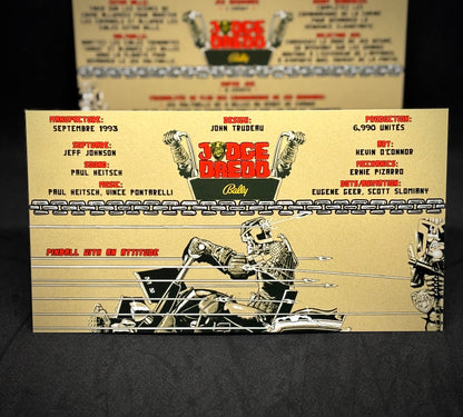 Instrucciones de las tarjetas de juego Bally JUDGE DREDD 1993, delantal personalizado de pinball, reglas impresas V2
