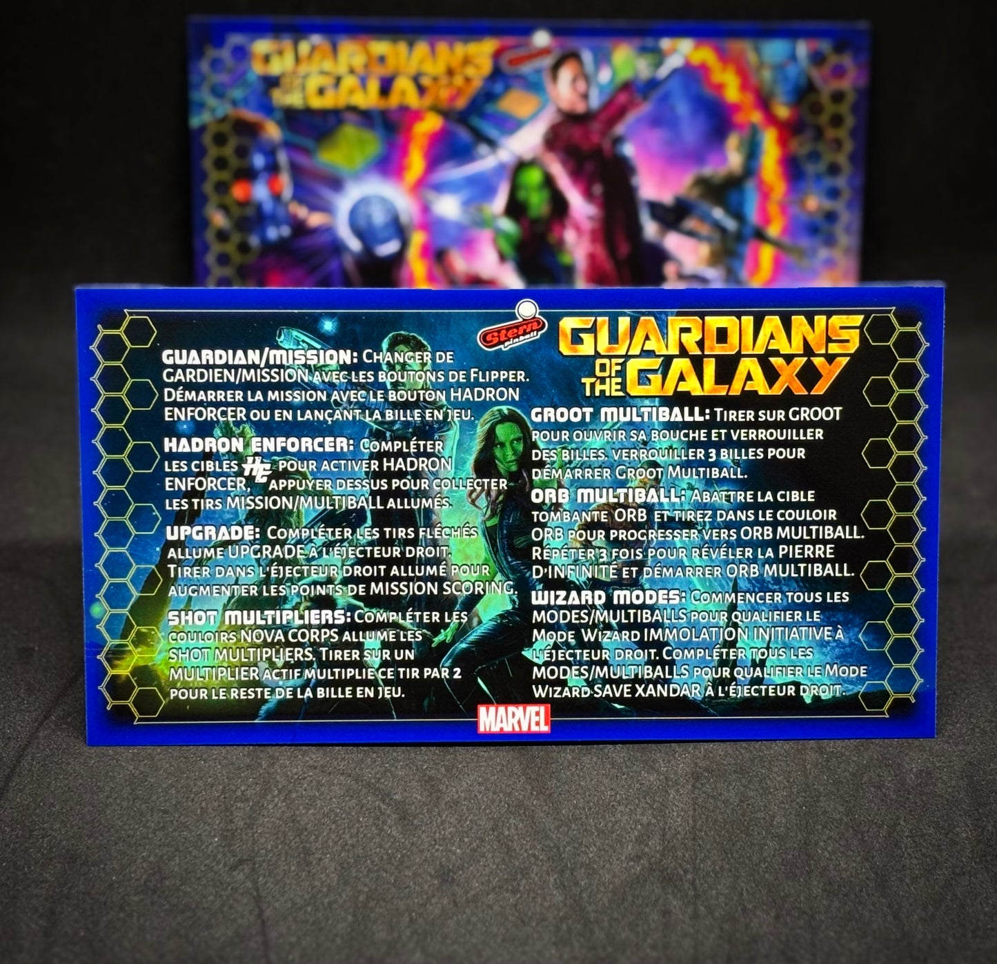 Instrucciones para las tarjetas de juego profesionales de Stern Guardians of the Galaxy 2017. Delantal personalizado de pinball con reglas impresas.