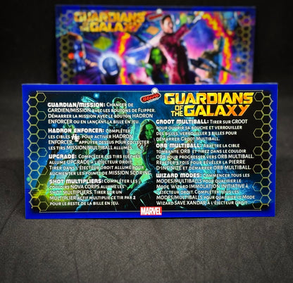 Instrucciones para las tarjetas de juego profesionales de Stern Guardians of the Galaxy 2017. Delantal personalizado de pinball con reglas impresas.