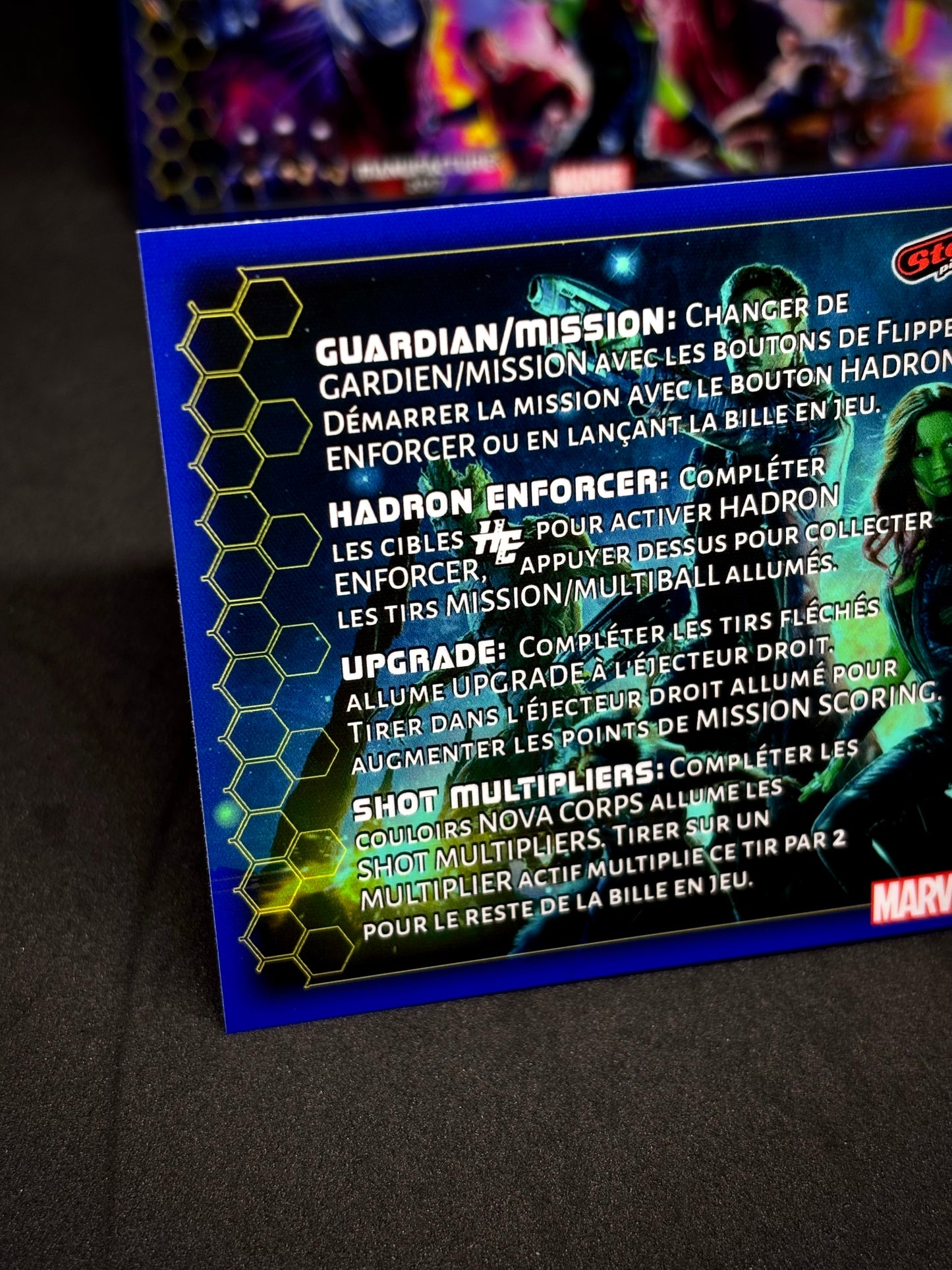 Instrucciones para las tarjetas de juego profesionales de Stern Guardians of the Galaxy 2017. Delantal personalizado de pinball con reglas impresas.