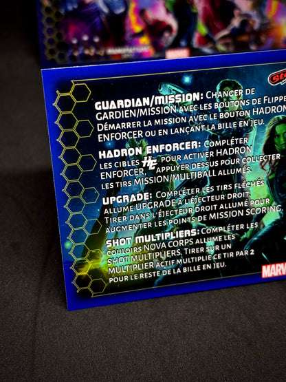 Instrucciones para las tarjetas de juego profesionales de Stern Guardians of the Galaxy 2017. Delantal personalizado de pinball con reglas impresas.