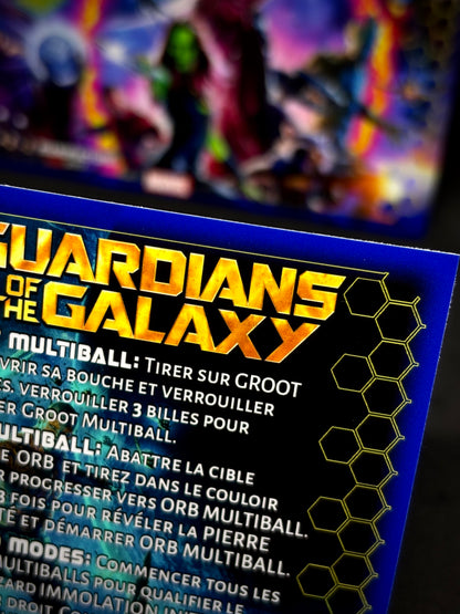 Instrucciones para las tarjetas de juego profesionales de Stern Guardians of the Galaxy 2017. Delantal personalizado de pinball con reglas impresas.