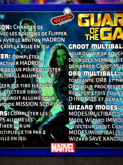 Instrucciones para las tarjetas de juego profesionales de Stern Guardians of the Galaxy 2017. Delantal personalizado de pinball con reglas impresas.
