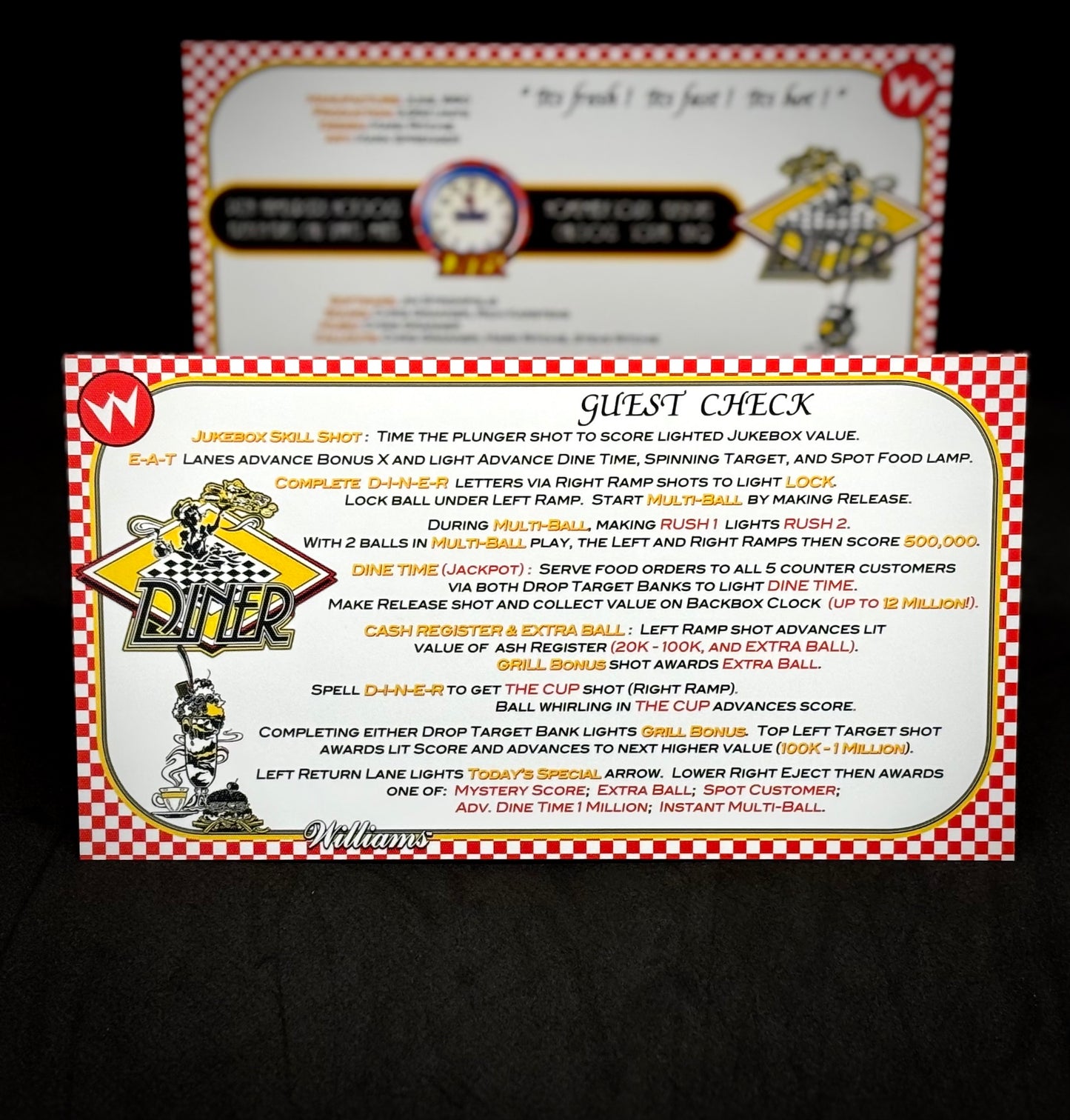 Instrucciones de las tarjetas del juego Williams Diner 1990, delantal personalizado de pinball, reglas impresas V2