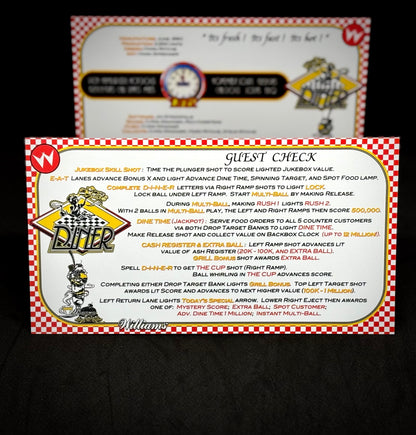 Instrucciones de las tarjetas del juego Williams Diner 1990, delantal personalizado de pinball, reglas impresas V2