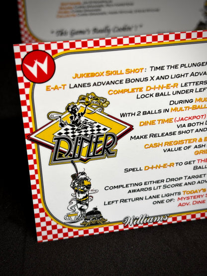 Instrucciones de las tarjetas del juego Williams Diner 1990, delantal personalizado de pinball, reglas impresas V2