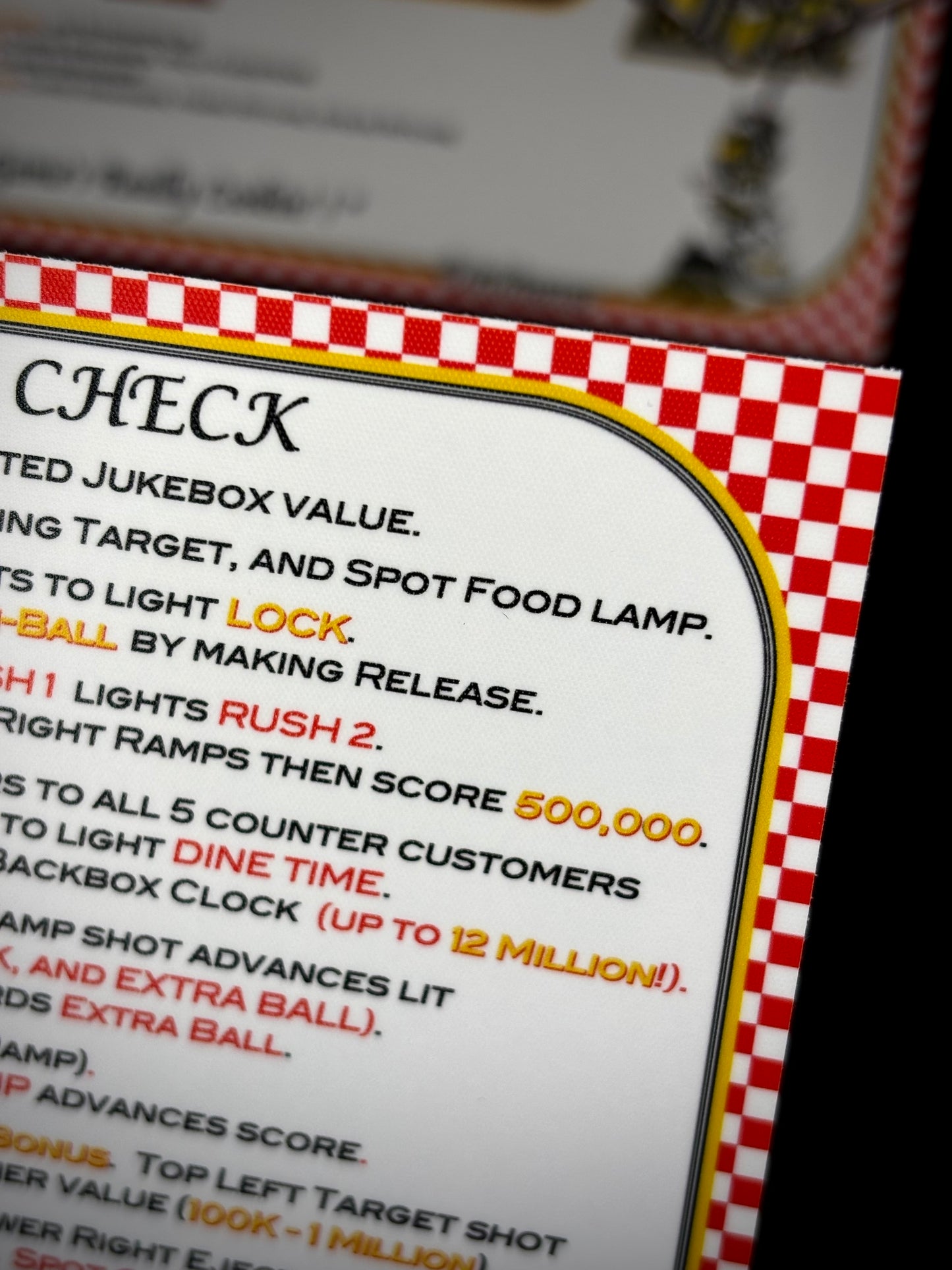 Instrucciones de las tarjetas del juego Williams Diner 1990, delantal personalizado de pinball, reglas impresas V2