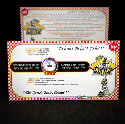 Instrucciones de las tarjetas del juego Williams Diner 1990, delantal personalizado de pinball, reglas impresas V2