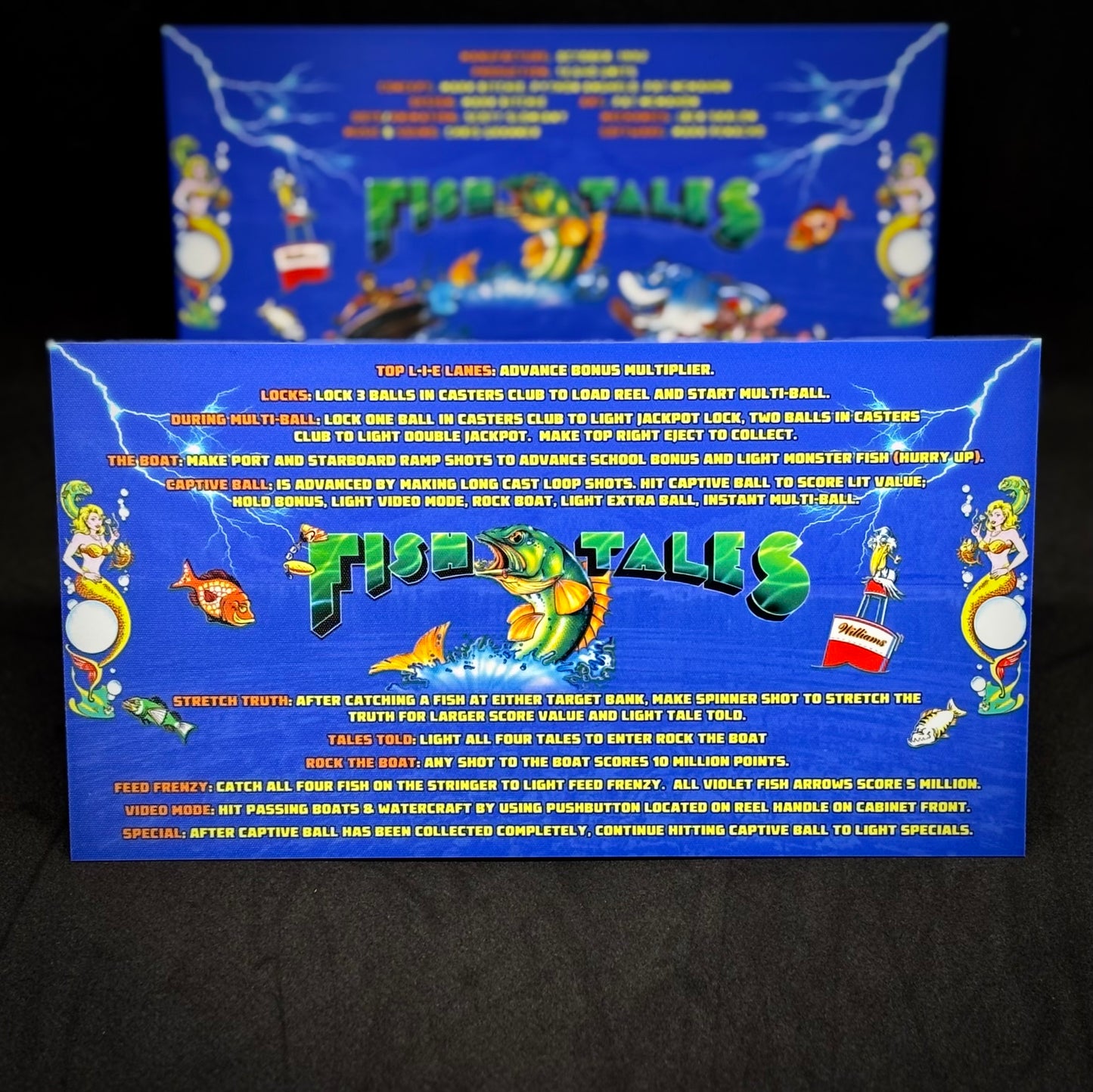 Instrucciones de las tarjetas del juego Williams Fish Tales 1992, delantal personalizado de pinball, reglas impresas V2