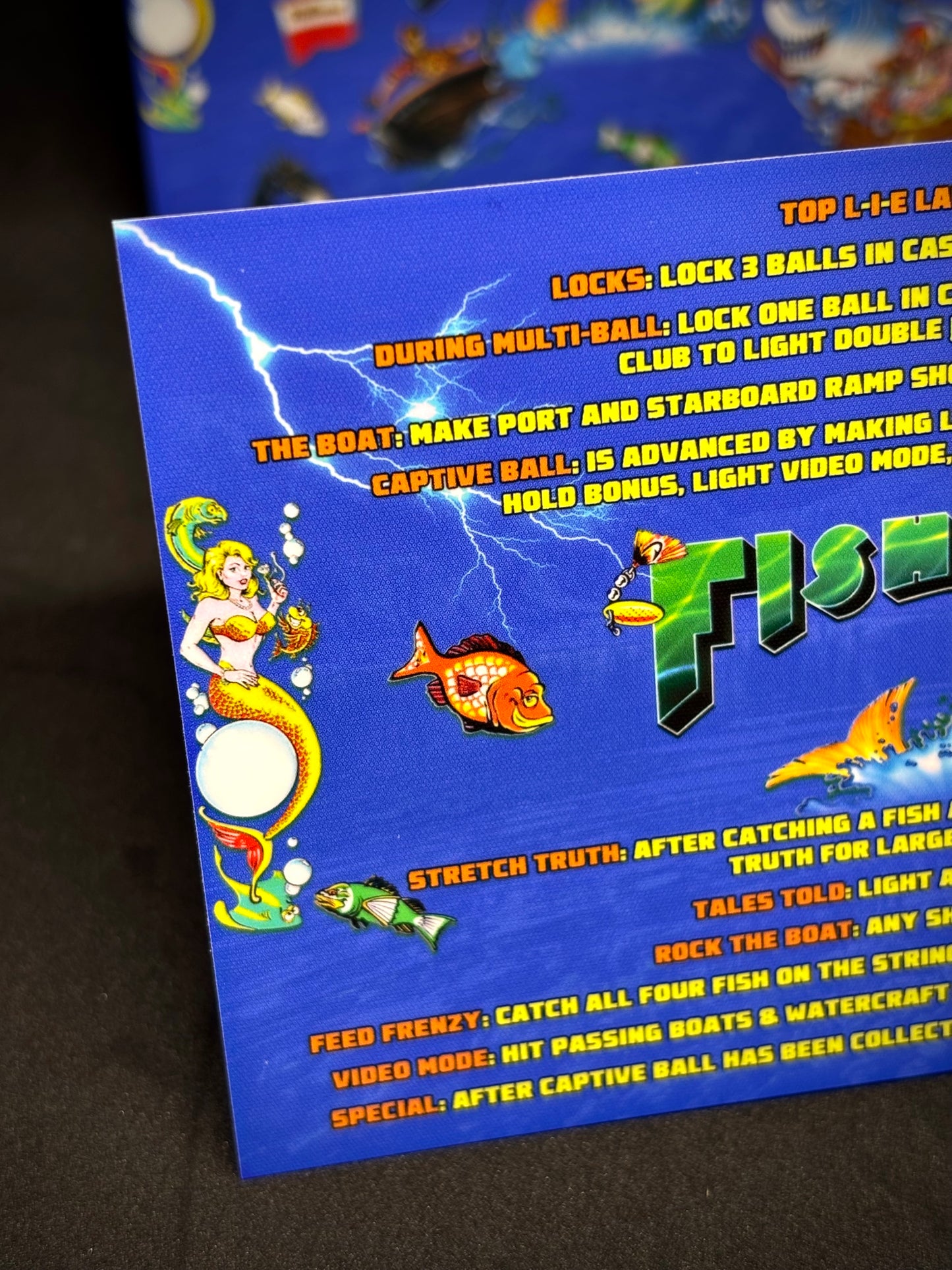 Instrucciones de las tarjetas del juego Williams Fish Tales 1992, delantal personalizado de pinball, reglas impresas V2