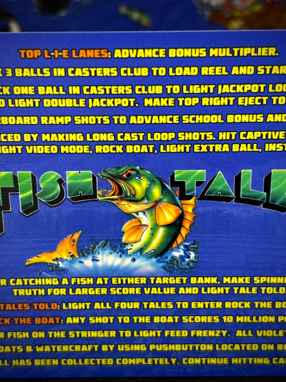Instrucciones de las tarjetas del juego Williams Fish Tales 1992, delantal personalizado de pinball, reglas impresas V2