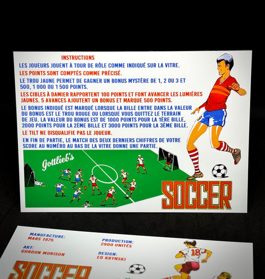 Instrucciones de las tarjetas de juego Gottlieb Soccer 1975, delantal personalizado de pinball, reglas impresas