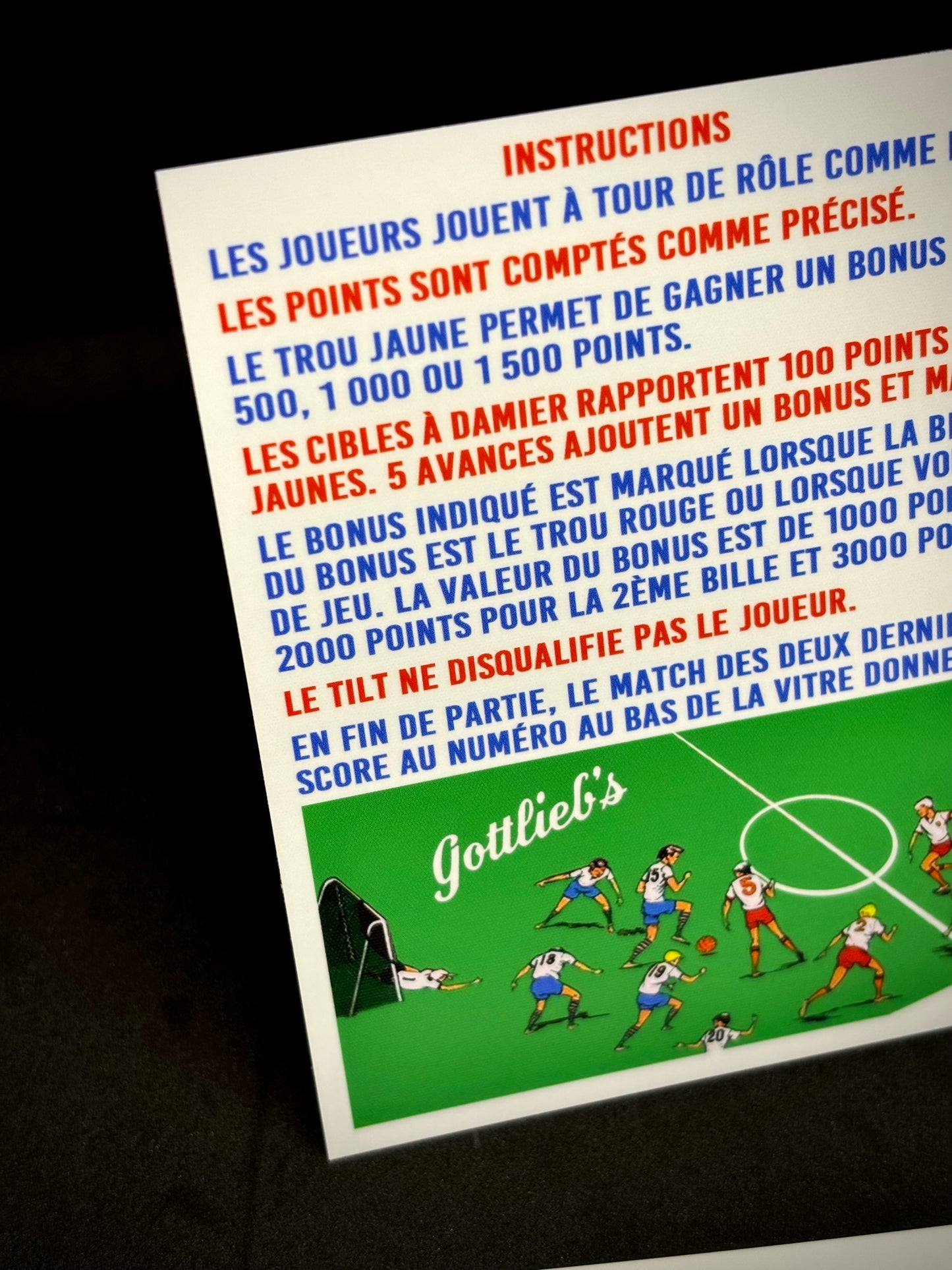 Instrucciones de las tarjetas de juego Gottlieb Soccer 1975, delantal personalizado de pinball, reglas impresas