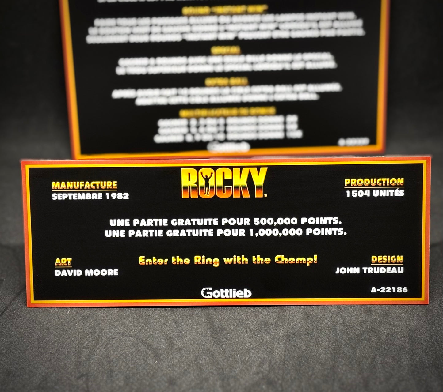 Gottlieb Rocky 1982 Game Cards Instructions Pinball Custom Apron Printed Rules V2