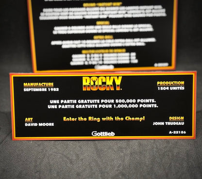 Gottlieb Rocky 1982 Game Cards Instructions Pinball Custom Apron Printed Rules V2