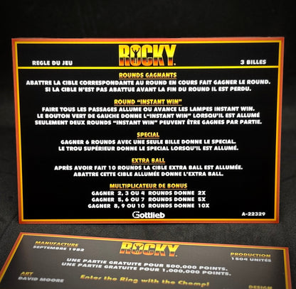 Gottlieb Rocky 1982 Game Cards Instructions Pinball Custom Apron Printed Rules V2