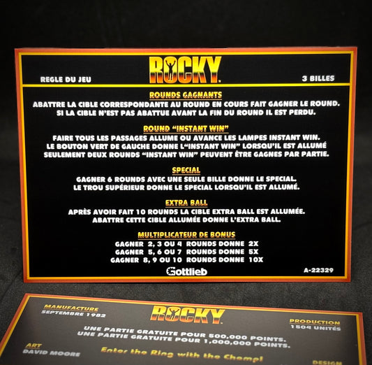 Instrucciones de las tarjetas del juego Gottlieb Rocky 1982, delantal personalizado de pinball, reglas impresas V2