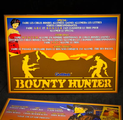 Gottlieb BOUNTY HUNTER 1985 Game Cards Instructions Pinball Custom Apron printed rules