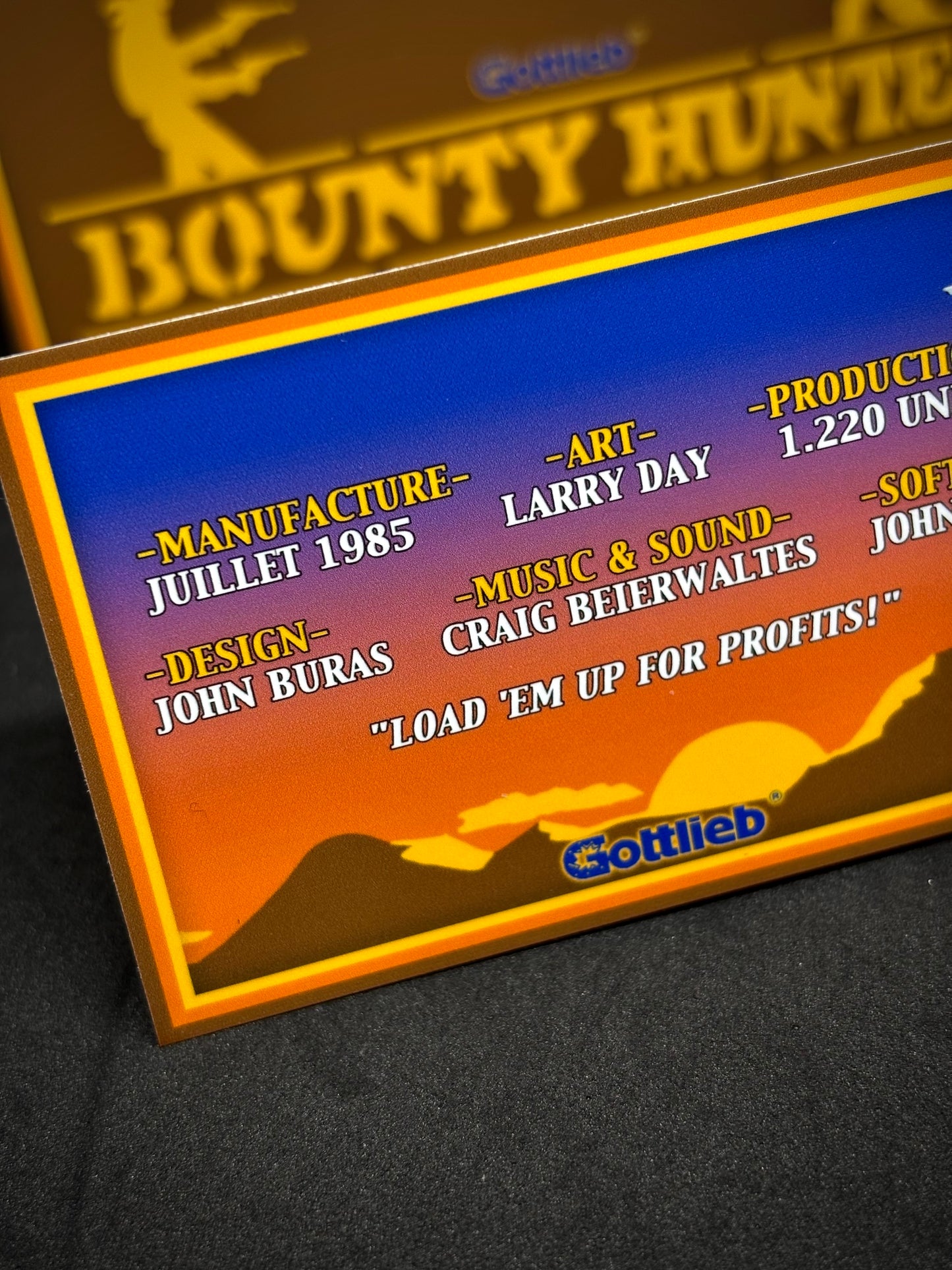 Gottlieb BOUNTY HUNTER 1985 Game Cards Instructions Pinball Custom Apron printed rules