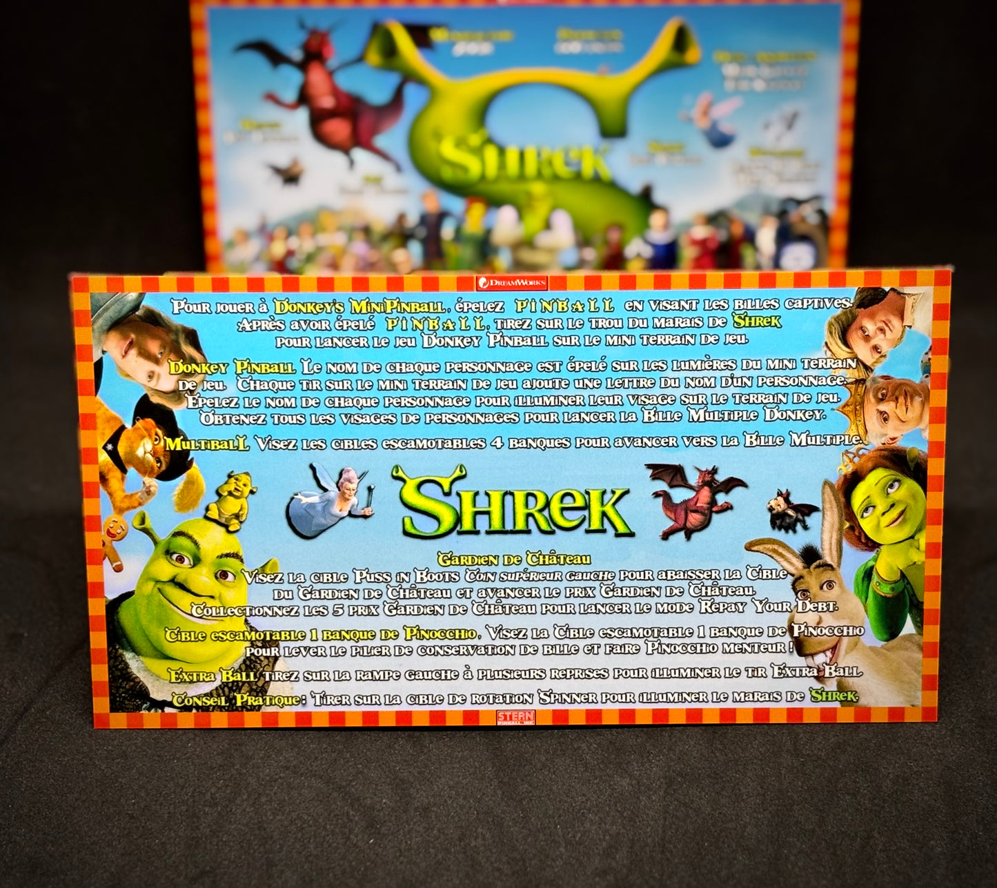 Instrucciones de las tarjetas del juego Stern Shrek 2008, delantal personalizado de pinball, reglas impresas V2