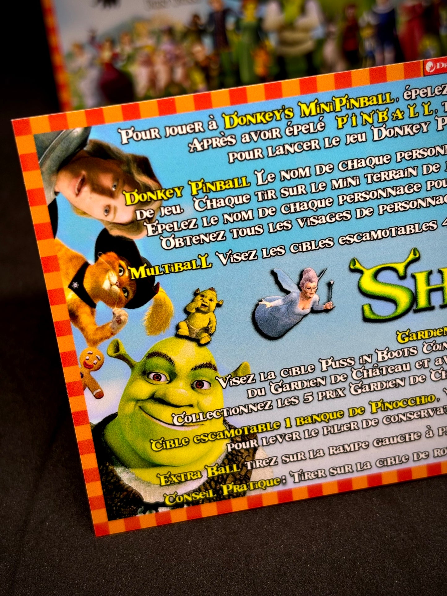 Instrucciones de las tarjetas del juego Stern Shrek 2008, delantal personalizado de pinball, reglas impresas V2
