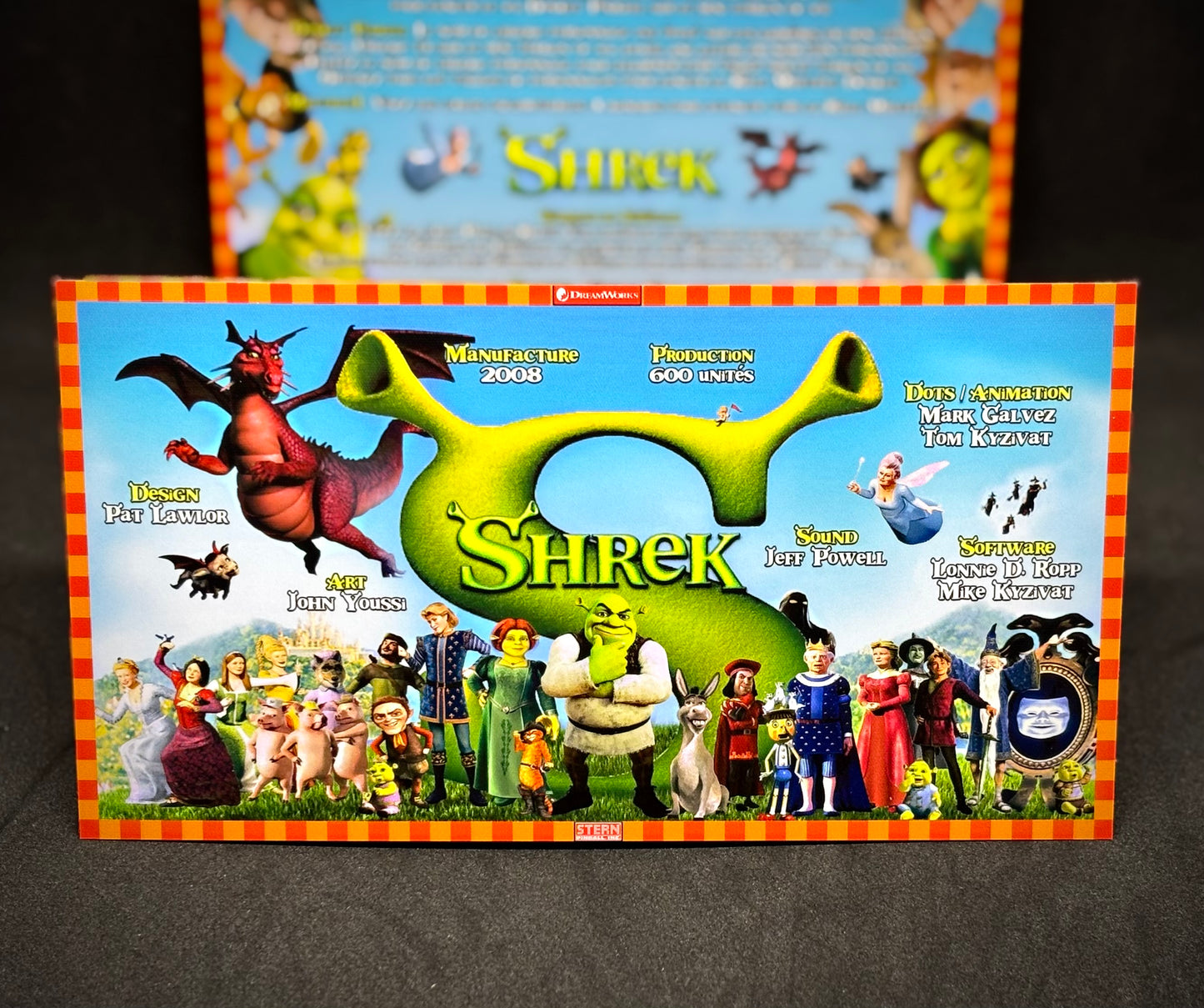 Instrucciones de las tarjetas del juego Stern Shrek 2008, delantal personalizado de pinball, reglas impresas V2