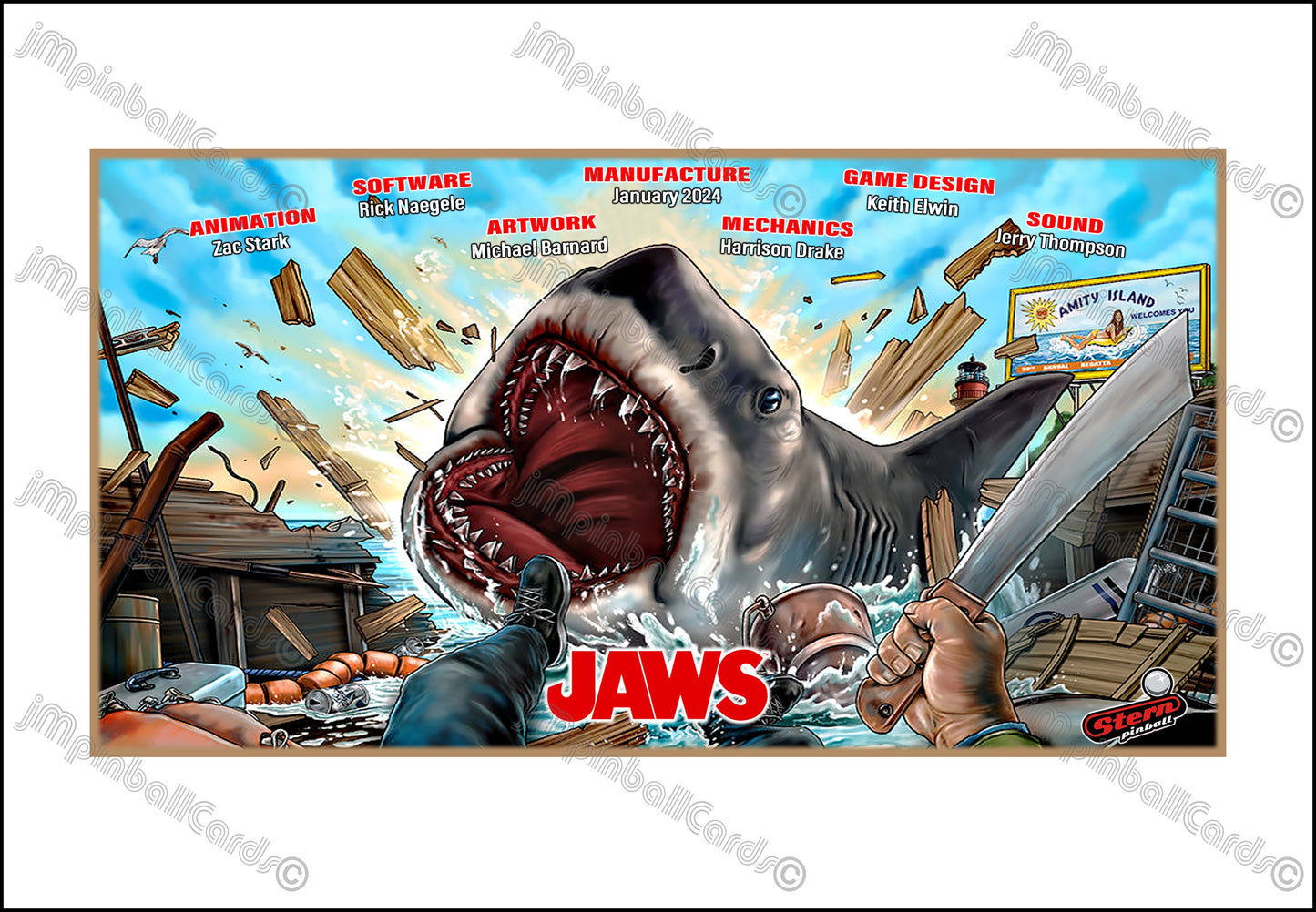 Tarjeta de pinball Stern JAWS 2024 Insider: Tarjeta de pinball personalizada con impresión de delantal