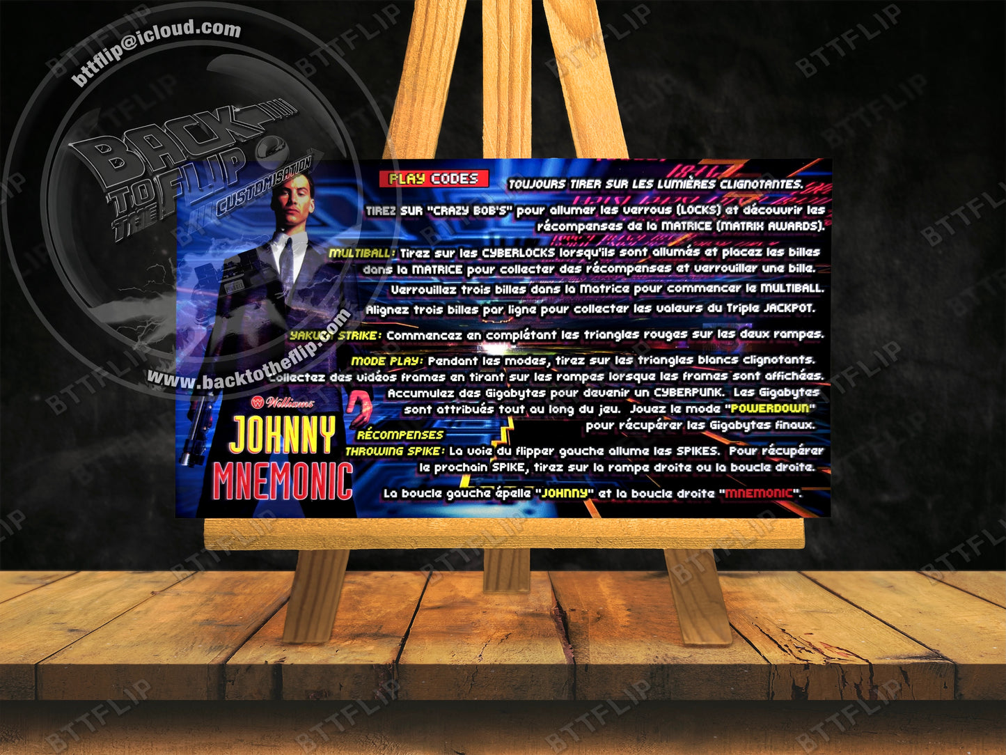 Cartes d'instructions custom apron flipper Williams Johnny Mnemonic 1995 V1
